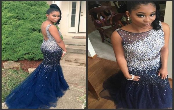 

2020 new elegant navy blue tulle mermaid long prom dresses illusion beaded stones floor length formal party evening dresses vestid8960624, Black