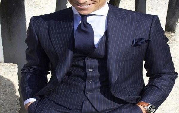 

navy blue plaid formal men suit for wedding wear three piece peaked lapel custom made business groomsmen tuxedos jacket pants vest6763662, Black;gray