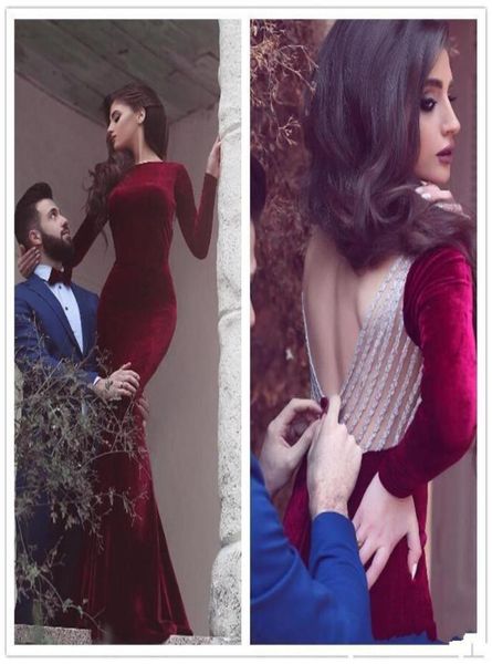 

burgundy velvet back new arrival 2019 mermaid prom party dresses jewel long sleeve with beading covered button dresses evenin6926864, Black