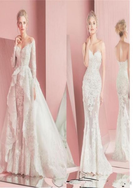 

vintage zuhair murad wedding dresses with detachable skirt lace long sleeves fitted sweetheart applique overskirt plus size bridal6689194, White