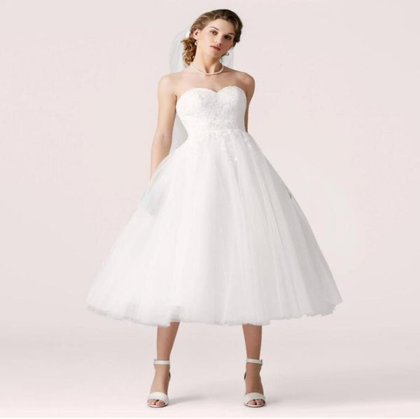 

tea length vintage short wedding dresses strapless sweetheart lace tulle corset back country western informal rustic bridal gowns 3778429, White