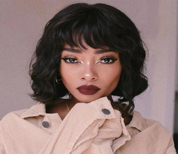 

modern show loose wave peruvian remy hair human hair wig for women natural color full machine made wigs with bang2517582, Black;brown