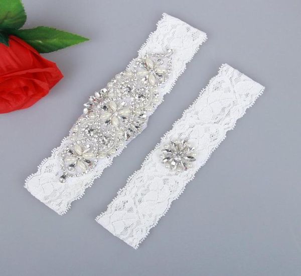

2 pieces set real picture pearls glass crystals bridal garters for bride lace wedding garters handmade wedding leg gart9591796, White