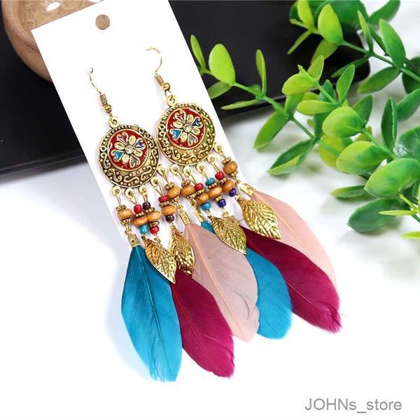 

stud bohemina ethnic long flower feather earrings for women vintage wood beads earrings femme boheme r230630, Golden;silver