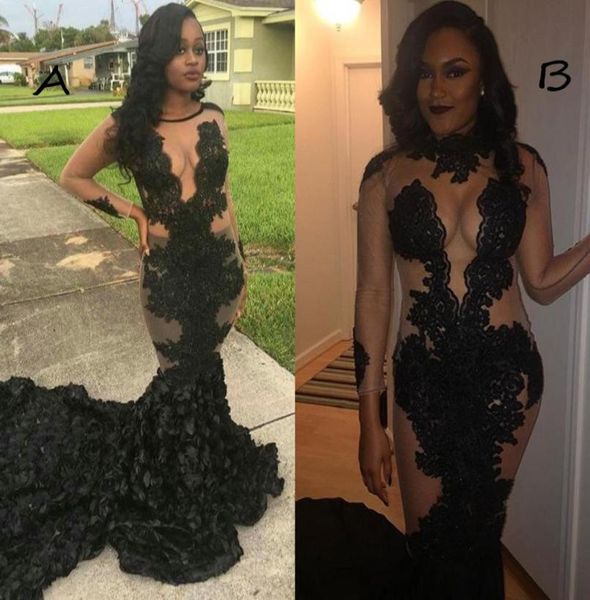 

2017 long sleeves mermaid prom dresses sheer neck appliques illusion flowers plus size african women evening gowns party dres7307555, Black;red