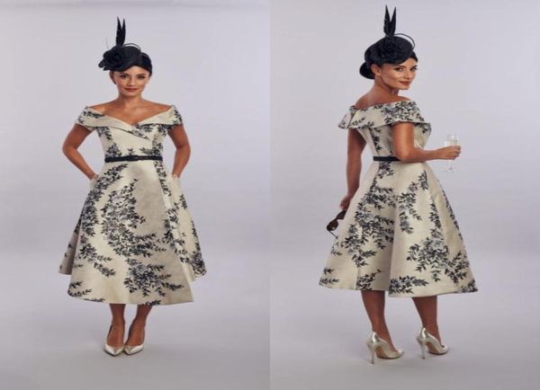 

elegent a line house of mooshki mother of the bride dress off shoulder short sleeve print sash wedding guest dresss tea length eve5915322, Black;red