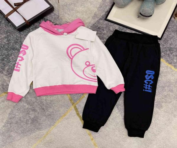 

girls tracksuit autumn kids clothing sets hooded sweater trousers foamed threedimensional printed letter logo and bear pattern 4794533, White