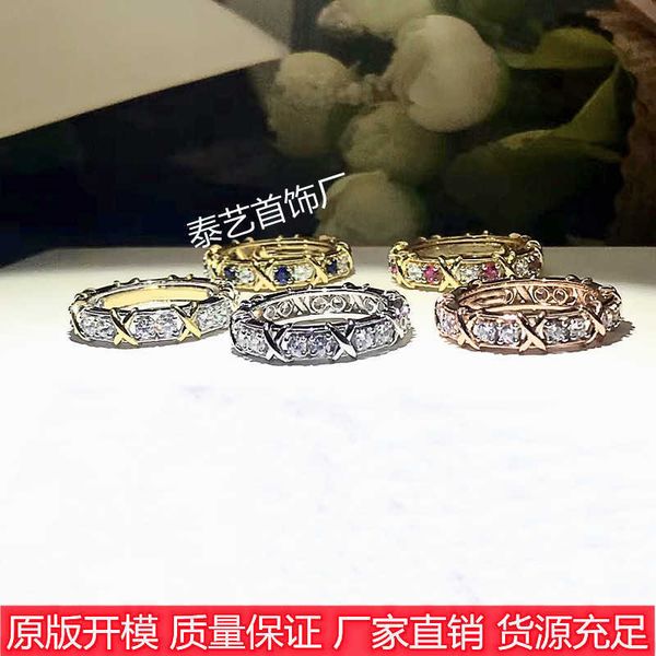 

eller new tiffay cross full diamond color separation ring women's 18k gold blue fashion couple, Silver