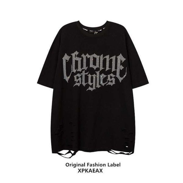 

trendy brand design feeling broken hole t-shirt for men and women bf style high street hip hop oversize rolled short sleeve stussys, White;black