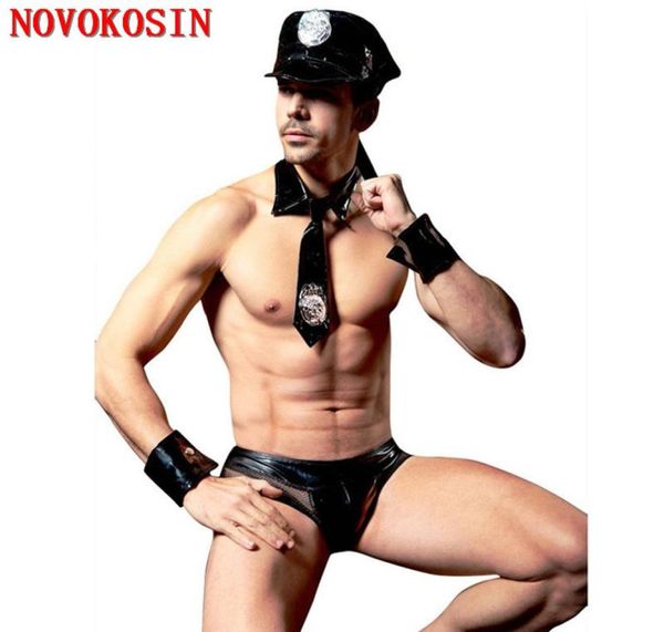 

4 pieces fashion mxl 2018 police men faux leather lingerie costume halloween america policemen tie panties hat set s195465983, Red;black