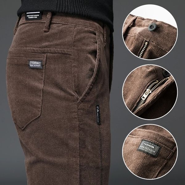 

men's pants autumn winter straight slim stretch men corduroy solid slacks male casual elastic thicken trousers size 2838 230630, Black