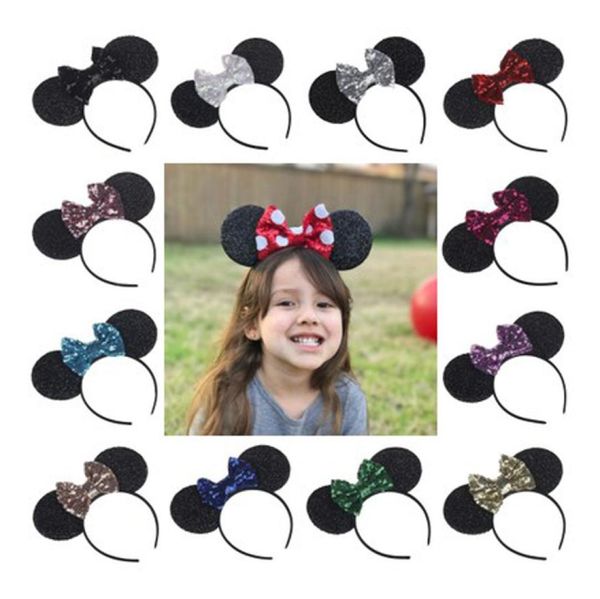 

10pcs girl cute black mouse ears hairband with sequin hair bow kids bling glitter hair bands holiday hair accessories for children4723132, Slivery;white