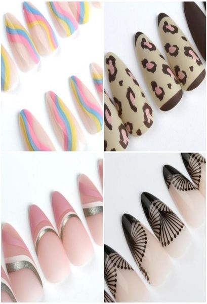 

24pcsbox almond round wavy press on nails detachable stiletto fake nails full cover french ballerina false nail tips2035672, Red;gold