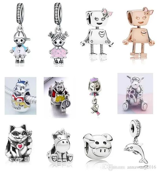 

authentic 925 silver beads bracelets boy girl bella robot teapot mouse bear beads charm slide bead charms fits european pandora st2800518, Black