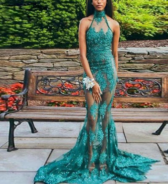 

2020 prom dresses lace mermaid sheer high neck long evening gowns illusion long women formal party dress wear4025561, Black