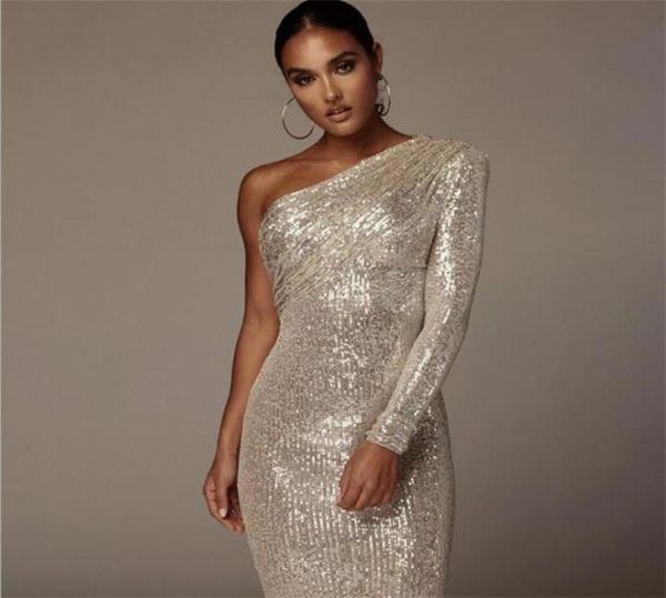 

one shoulder shiny cocktail dresses long sleeve sequined women party wear special occasion gowns 626482, Red
