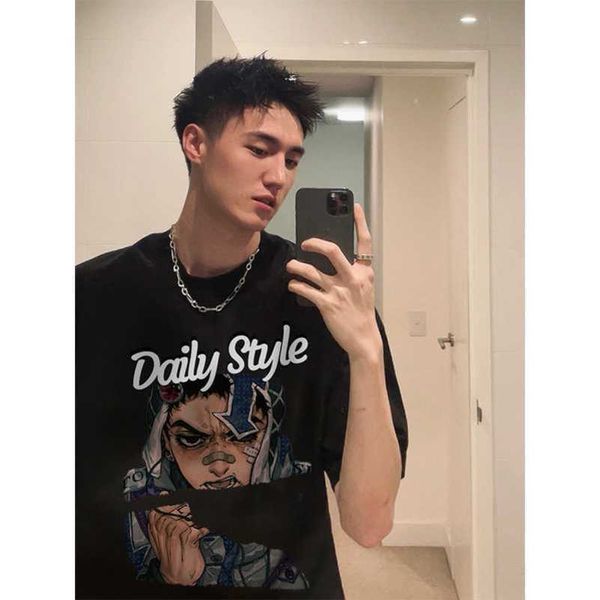 

vintage europe and america vintage hip hop anime print pure cotton t-shirt men's trend summer high street loose dark short sleeve, White;black