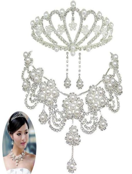 

bridal jewelry sets wedding accessories chain crown three suits wedding tiara bridal necklace set necklace beautiful hair accessor9071308, Silver