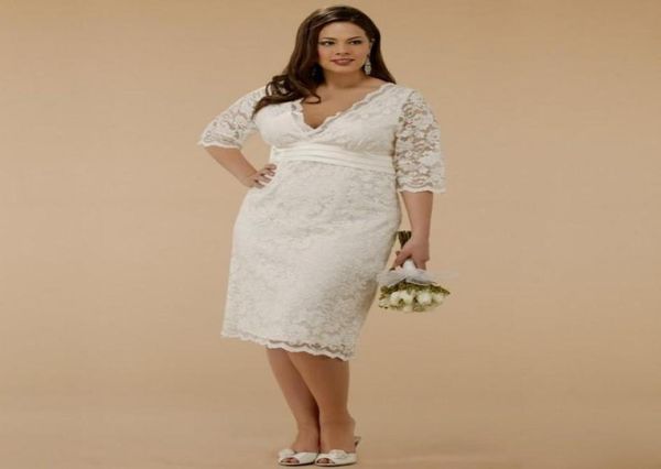 

knee length plus size lace wedding dresses 2015 v neck short sheath bridal dresses half sleeves garden wedding gowns with sash7118660, White