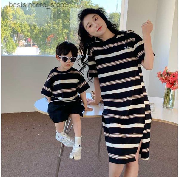 

mother son daughter matching clothes children's short sleeve t shirts women dress mommy and me clothing parent-child outfit 2023 l23052, Blue