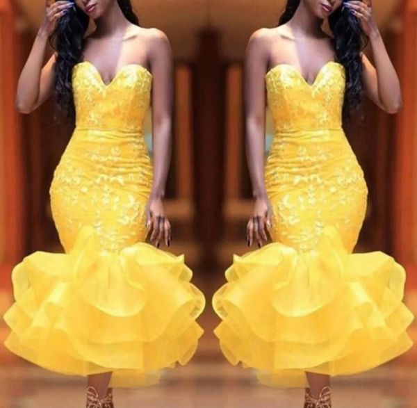 

yellow sweetheart short prom dresses lace appliques organza ruffles mermaid evening gowns tea length cocktail party dress 375759, Black