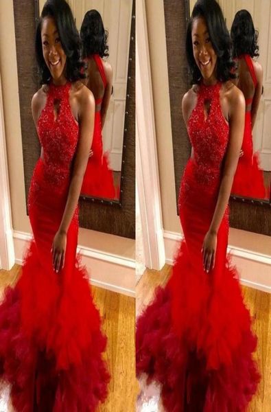 

2020 new style red mermaid prom dresses lace applique beaded sweep train ruffles tiered tulle party gowns formal evening dresses7152068, Black