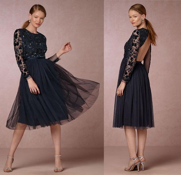 

2021 navy blue bridesmaids dresses jewel long sleeve open back sequins beaded short knee length bridesmaid dresses4761412, White;pink