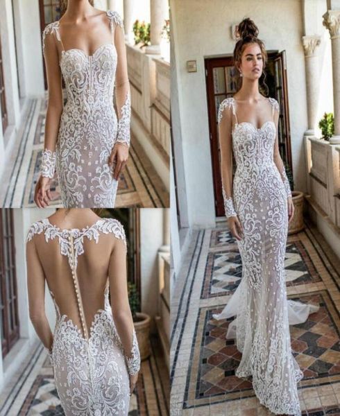 

2019 berta mermaid wedding dresses scoop neck lace applique button back sweep train long sleeve wedding gowns robe de bridal 2208071, White