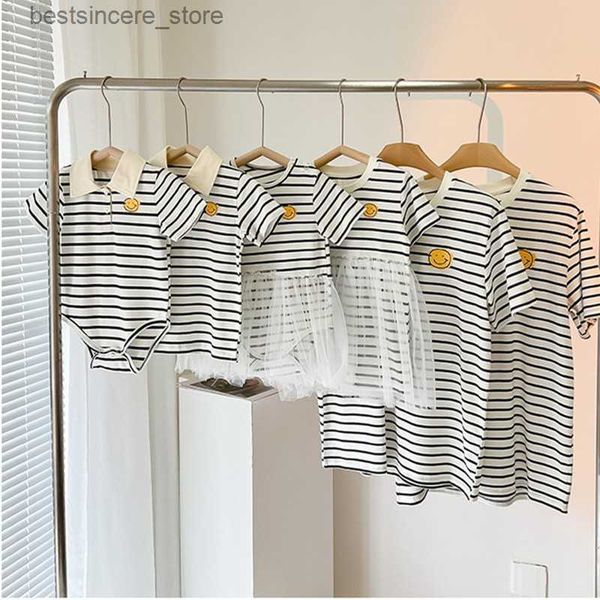

korean style baby kids parent-child summer clothes family matches outfits mother dad children's clothing striped family look l230522, Blue