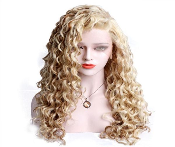 

parting blonde loose curly synthetic lace front wigs mixed color hand tied long wig 180 density heat resistant fiber for whi3521701, Black