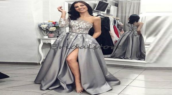 

silver prom dresses one long sleeve lace formal evening gowns appliques slits women party wear skirts with pocket 2020 robes 6408039, Black