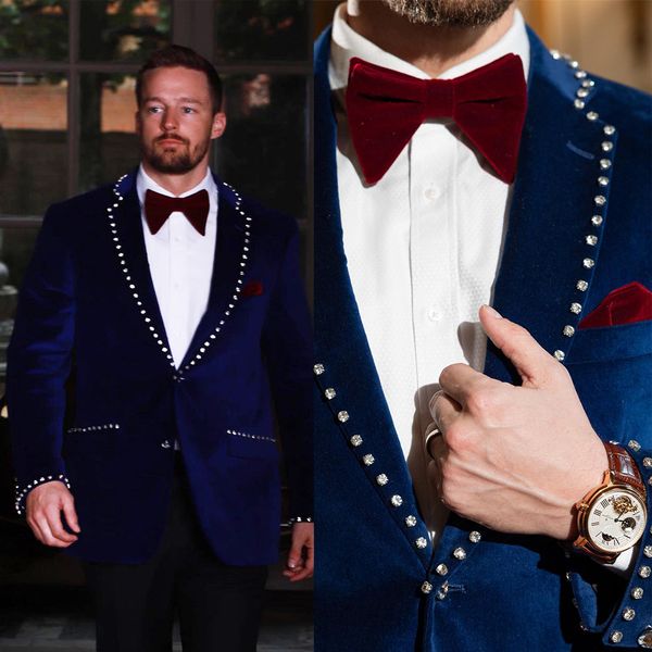 

exquisite navy blue crystal wedding tuxedos classic fit 2 pieces diamonds mens prom suit sets 2 buttons velvet costume homme, Black;gray