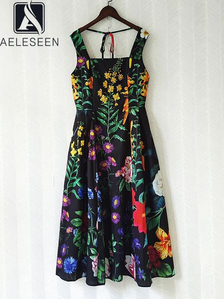 

basic casual dresses aeleseen bohemian summer women dress runway fashion spaghetti strap colorful flower print beading crystal black long pa, Black;gray