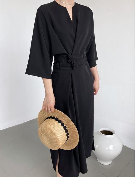 

luxury french luxury elegant temperament high grade plate button waist lace up straight barrel dress new chinese national style improved lon, Black;gray