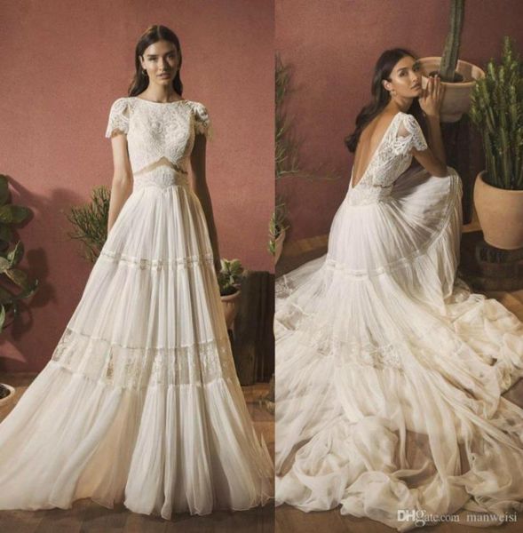 

vintage bohemian backless wedding dresses 2020 short sleeve lace appliqued boho chiffon bridal gowns a line wedding dress robe de 9044615, White