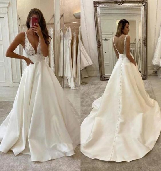 

satin a line wedding dresses with buttons open back vestidos de novia v neck lace sleeveless bride wedding gowns8135966, White