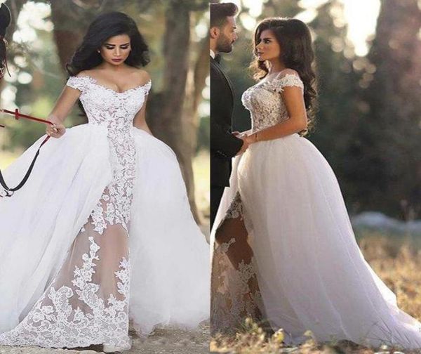 

off the shoulder tulle detachable skirt lace sheer applique wedding dresses puffy bridal gowns with overskirt2323260, White