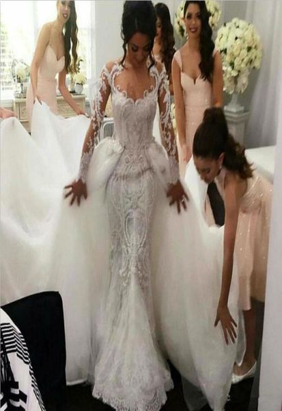 

2019 full lace retro wedding dresses with detachable tulle overskirt jewel neck sheer long sleeves pearls embroidery elegant brida6140194, White