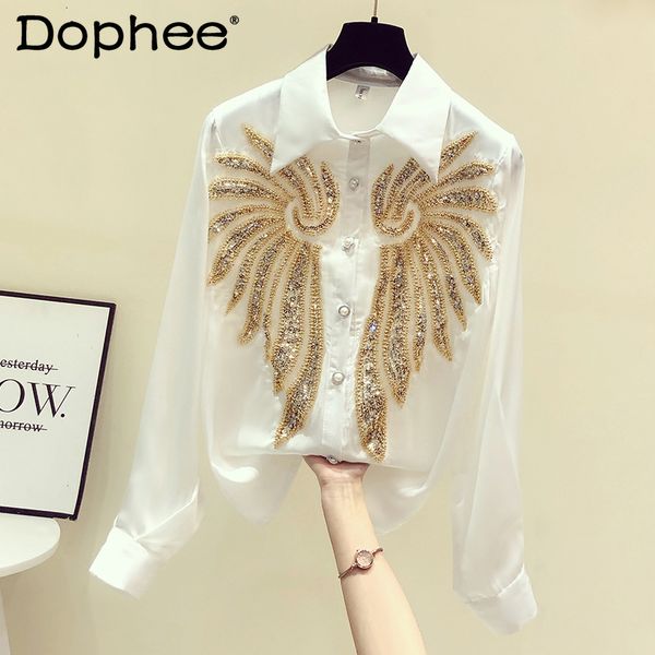

women's blouses shirts heavy embroidery sequins long sleeve shirt women spring summer camisas high end beaded white blouse office ladie
