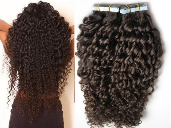 

darkest brown brazilian kinky curly virgin hair tape in human hair extensions 100g 40pcs afro kinky curly skin weft seamless hair 9003189, Black