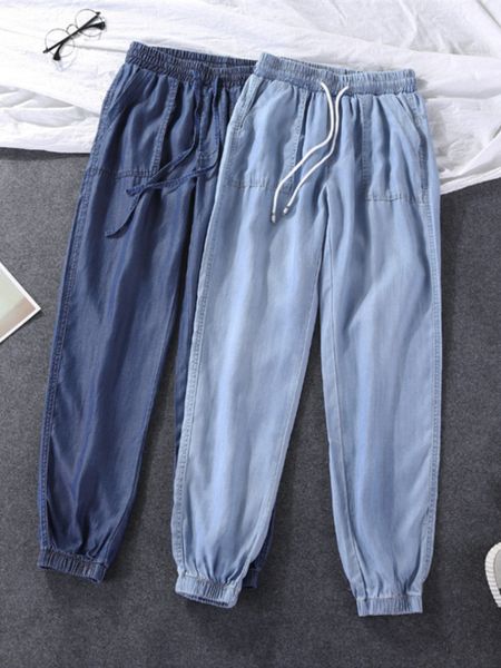 

women's jeans women pants summer loose lace-up thin high elastic woman jeans oversize trousers soft cool female casual denim pants 2306, Blue