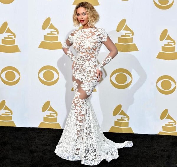 

beyonce in lace applique michael costello grammy awards red carpet celebrity dresses long sleeve sheer evening dresses backless pr6629357, Black;red