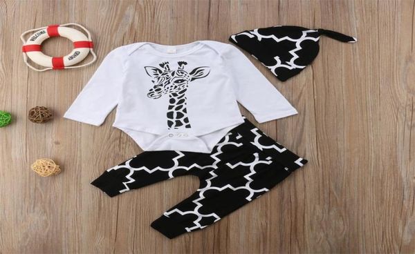 

3pcs baby giraffe clothes sets newborn babies boy girl bodysuit long pants hat outfits clothing set 018m ropa de bebe3267835, White