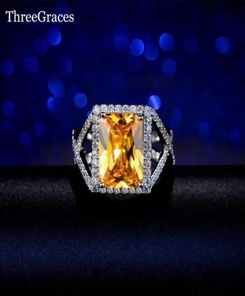 

cluster rings threegraces noble cushion cut women wedding party jewelry big yellow cz crystal female finger rg0588139177, Golden;silver