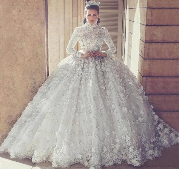 

luxury lace ball gown muslim wedding dresses with long sleeve 3d floral appliques high neck arabic bridal gowns crystal beaded wed7270155, White