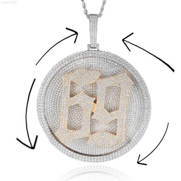 

2023 iced out hip hop jewelry custom name round cz fully bling letter 6ix9ine diamond rotating disc pendant necklace, Silver