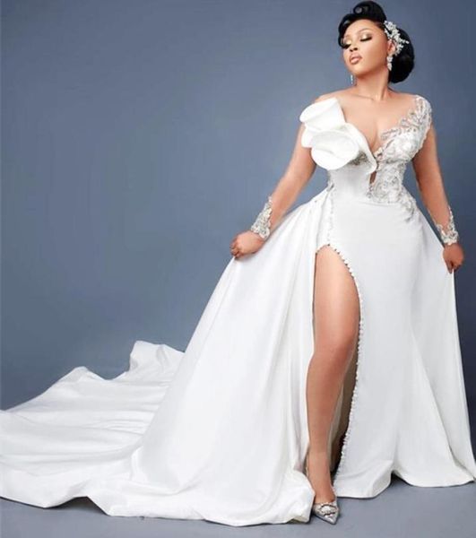 

2021 plus size arabic aso ebi mermaid lace crystals wedding gowns sheer neck high split detachable train bridal dresses zj5754917194, White
