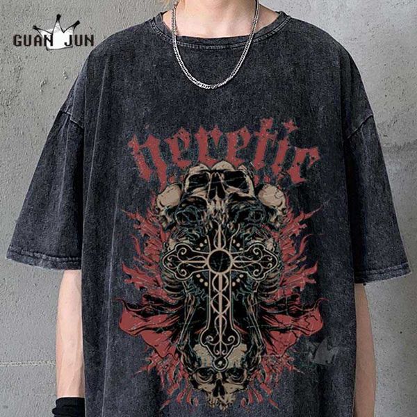 

men's t-shirts horror skull washed tshirts men and women 2021 harajuku hip-hop short-sleeved t-shirt casual streetwear oversized t-shi, White;black