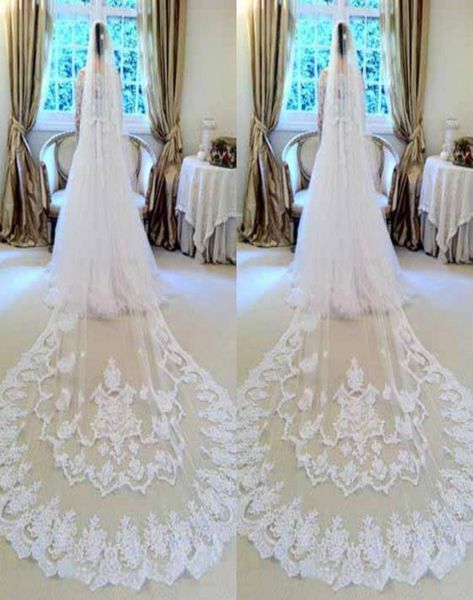 

custom made white lace wedding veils 2016 from eifflebride with embellished gorgeous applique about 3 meter cathedral long bridal 6150157, Black