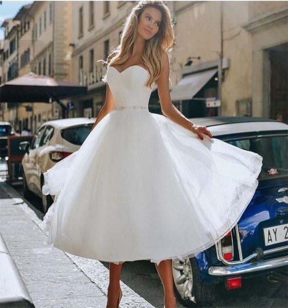 

simple tea length wedding dresses a line puffy skirt sweetheart strapless with beaded sash short holiday bridal gowns new 2019 plu8659304, White